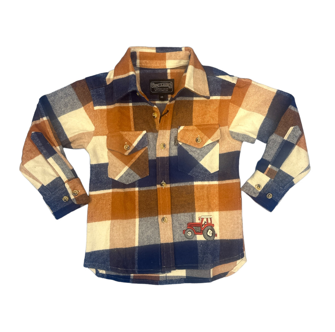 Kids Tractor Embroidered Blue Tan Checked Shacket