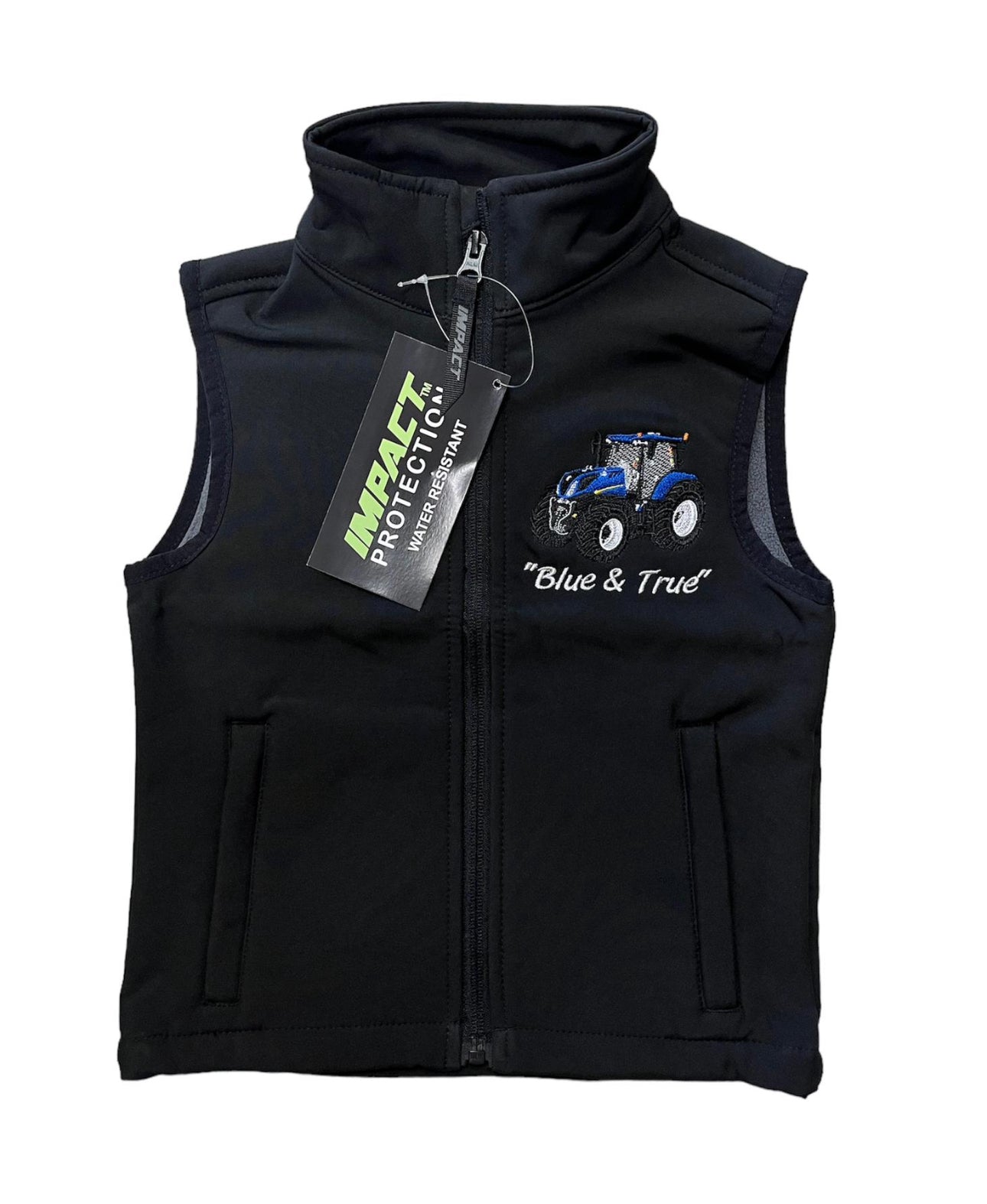 Kids Impact Black Softshell Bodywarmer – Blue Tractor & Blue Sliage Trailer