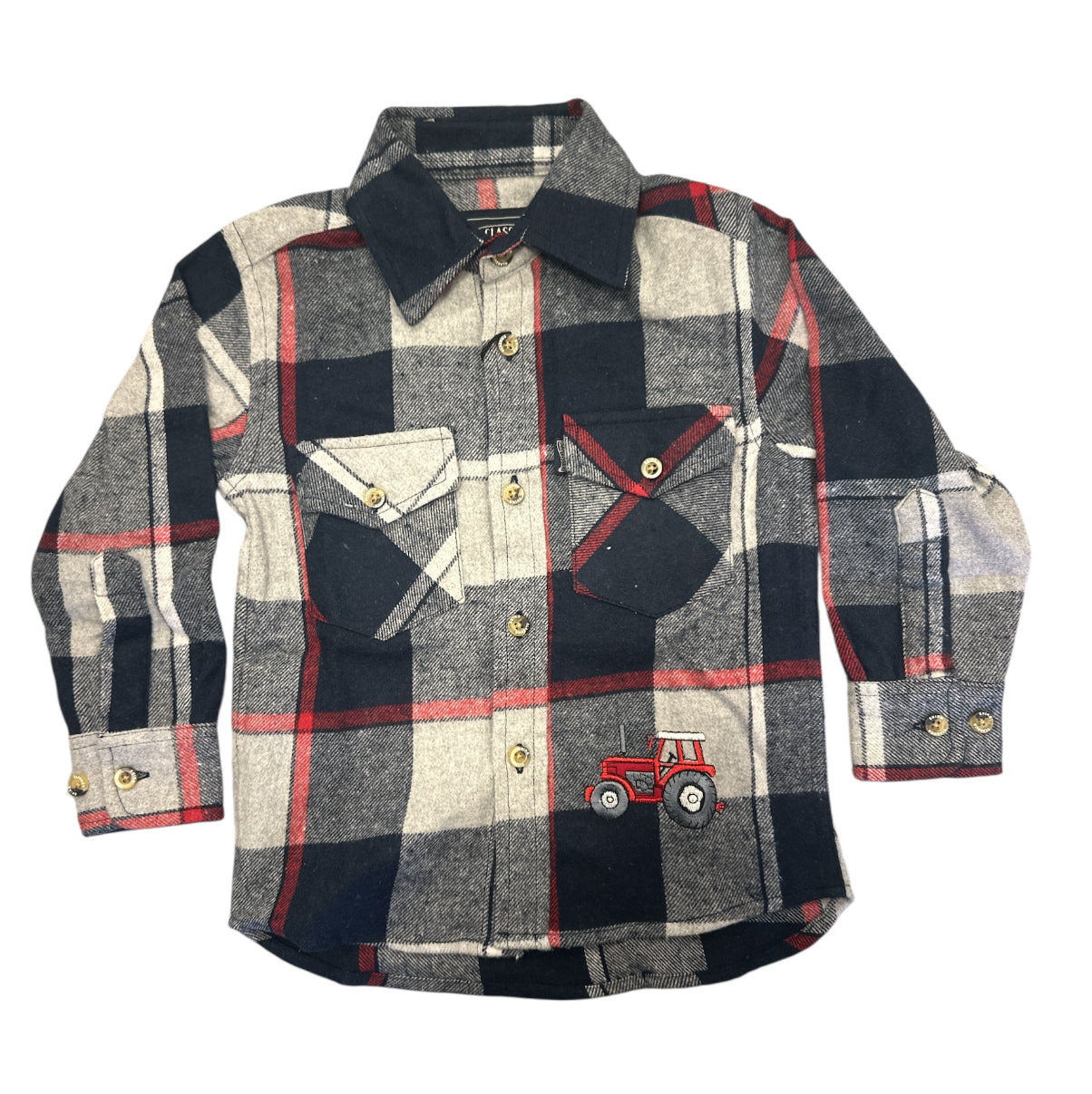 Kids Tractor Embroidered Navy / Grey / Red Checked Shacket