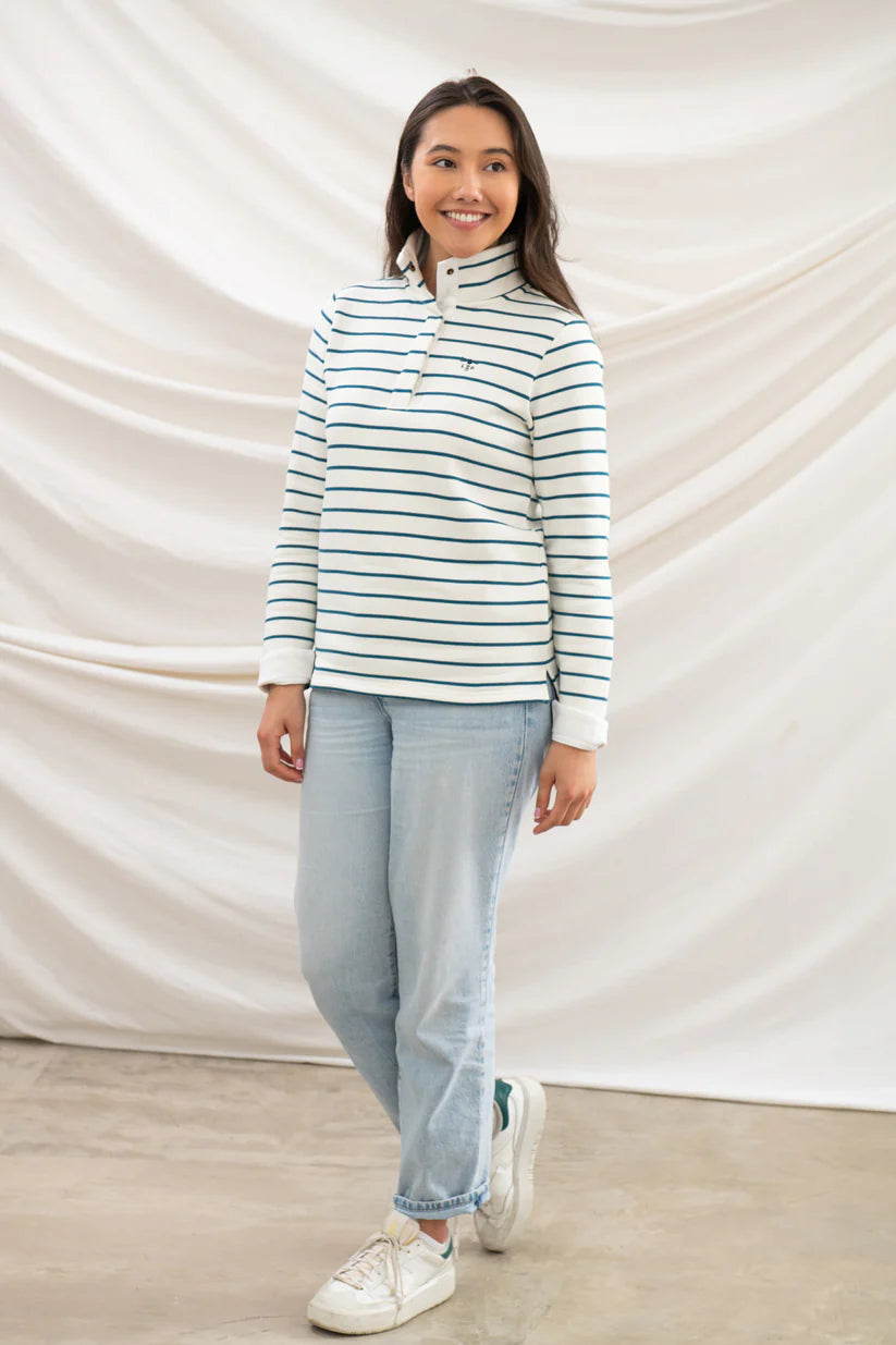 Lighthouse Haven Quarter Stud Jersey Sweatshirt in Teal Stripe