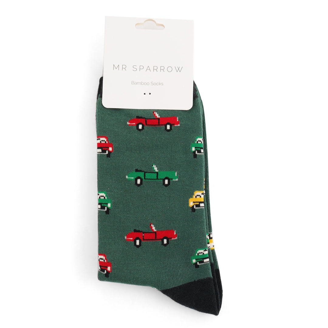 Mr Sparrow Classic Cars Dark Green Bamboo Socks