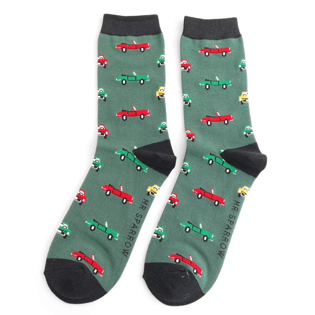 Mr Sparrow Classic Cars Dark Green Bamboo Socks