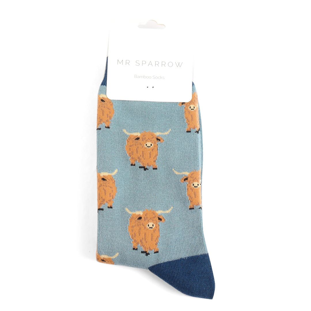 Mr Sparrow Highland Herd Blue Bamboo Socks