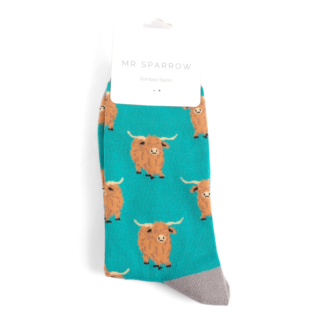 Mr Sparrow Highland Herd Teal Bamboo Socks