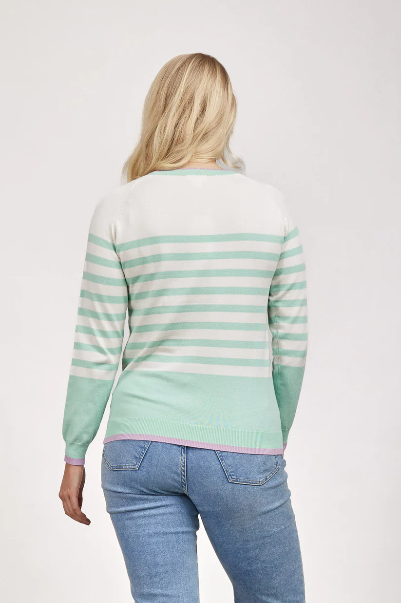MudFlower Ladies Stripe Jumper With Pockets 415 in Green Baltic Sea