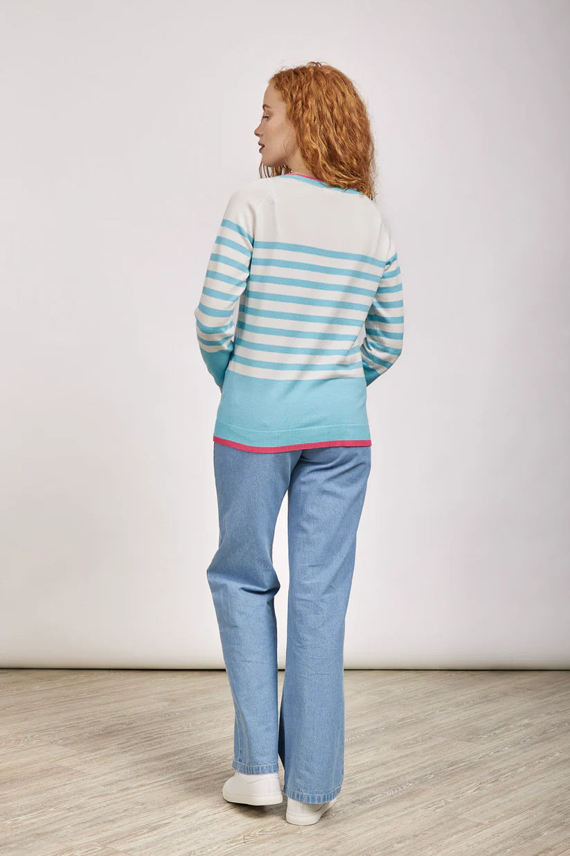 MudFlower Ladies Stripe Jumper With Pockets 415 in Aruba Blue