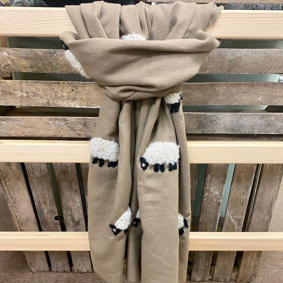 White Sheep on Beige Scarf - At Home in The Country
