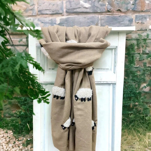 White Sheep on Beige Scarf - At Home in The Country