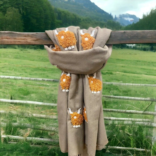 Brown / Ginger Highland Cow On Beige Scarf - At Home in The Country