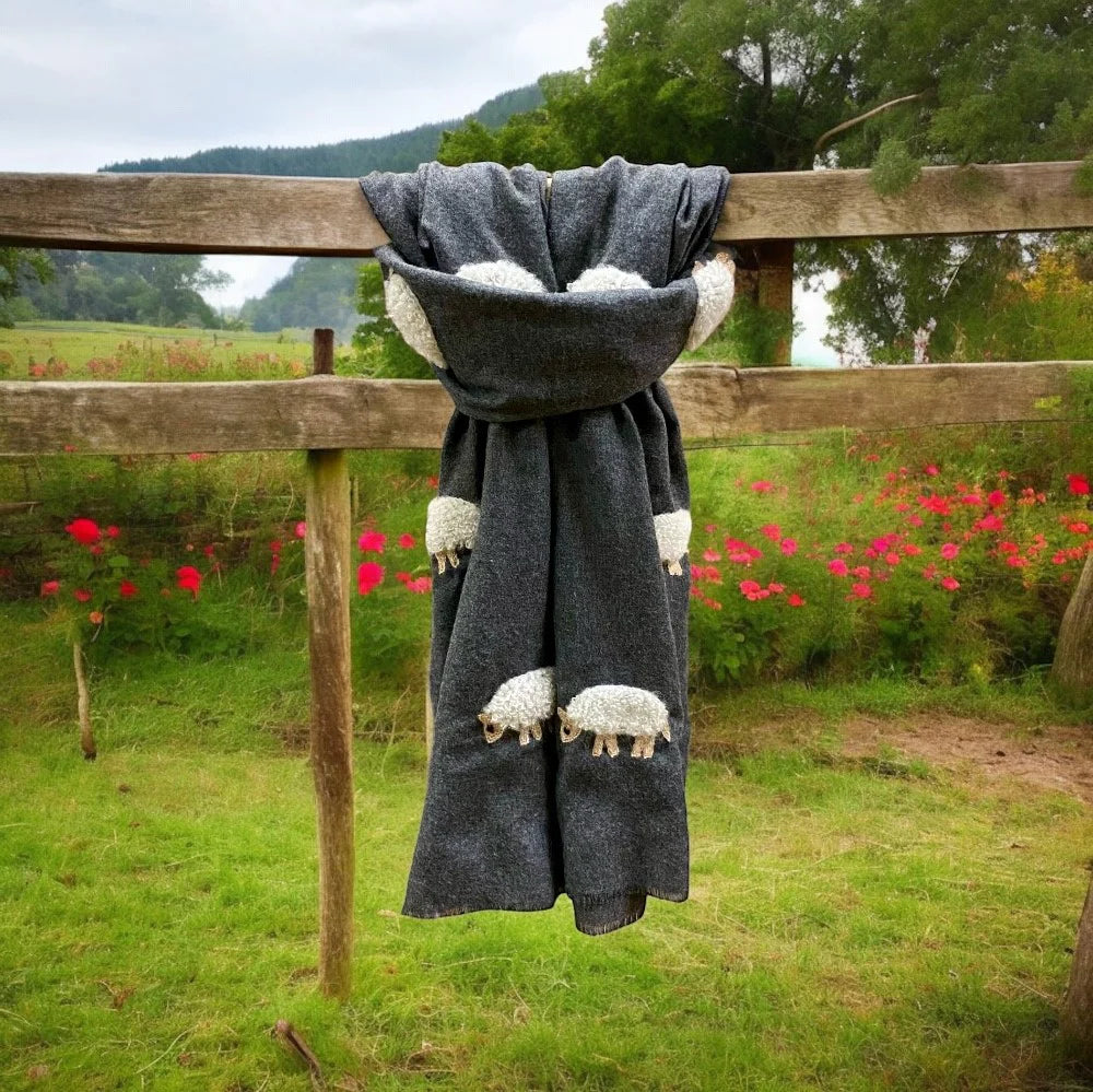 White Mohair Sheep On Charcoal Scarf - At Home in The Country