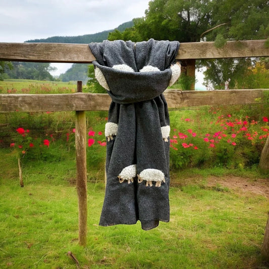 White Mohair Sheep On Charcoal Scarf - At Home in The Country