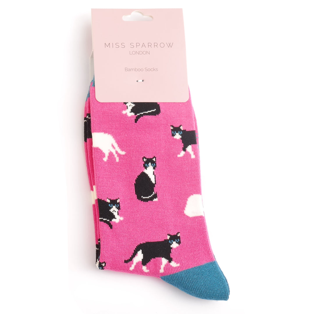 Miss Sparrow Black & White Cats Socks Fuchsia