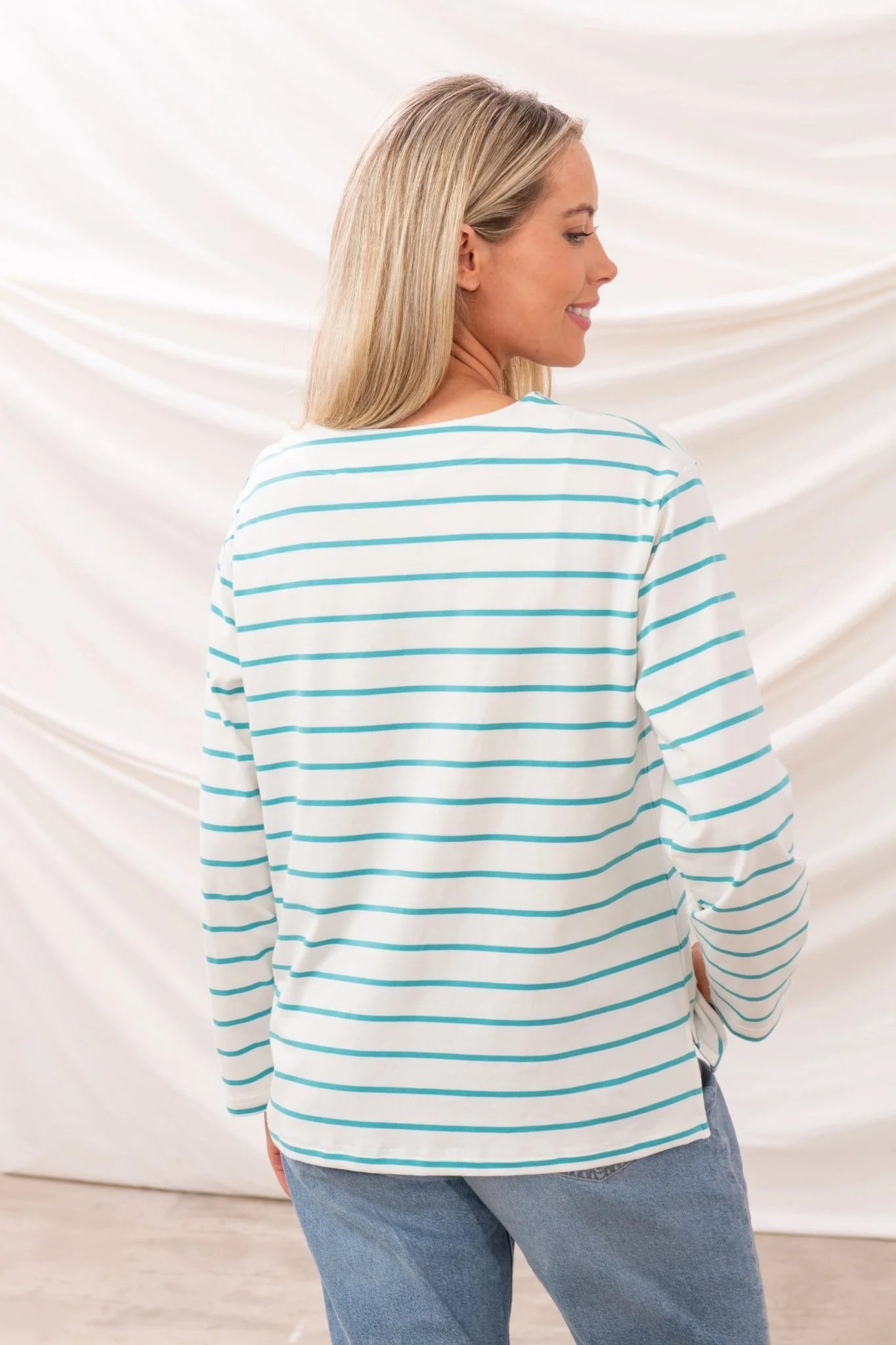 Ladies Causeway Breton Top - Soft Teal Stripe