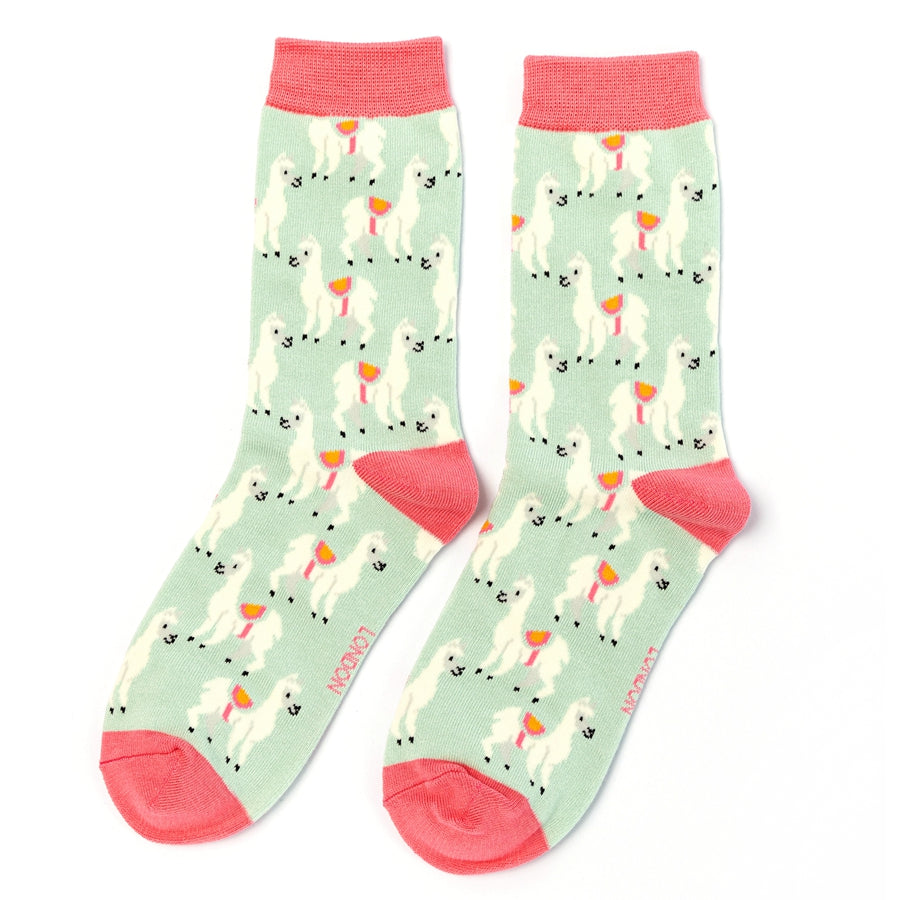 Miss Sparrow Llamas Duck Egg Bamboo Socks