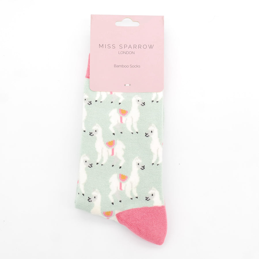 Miss Sparrow Llamas Duck Egg Bamboo Socks