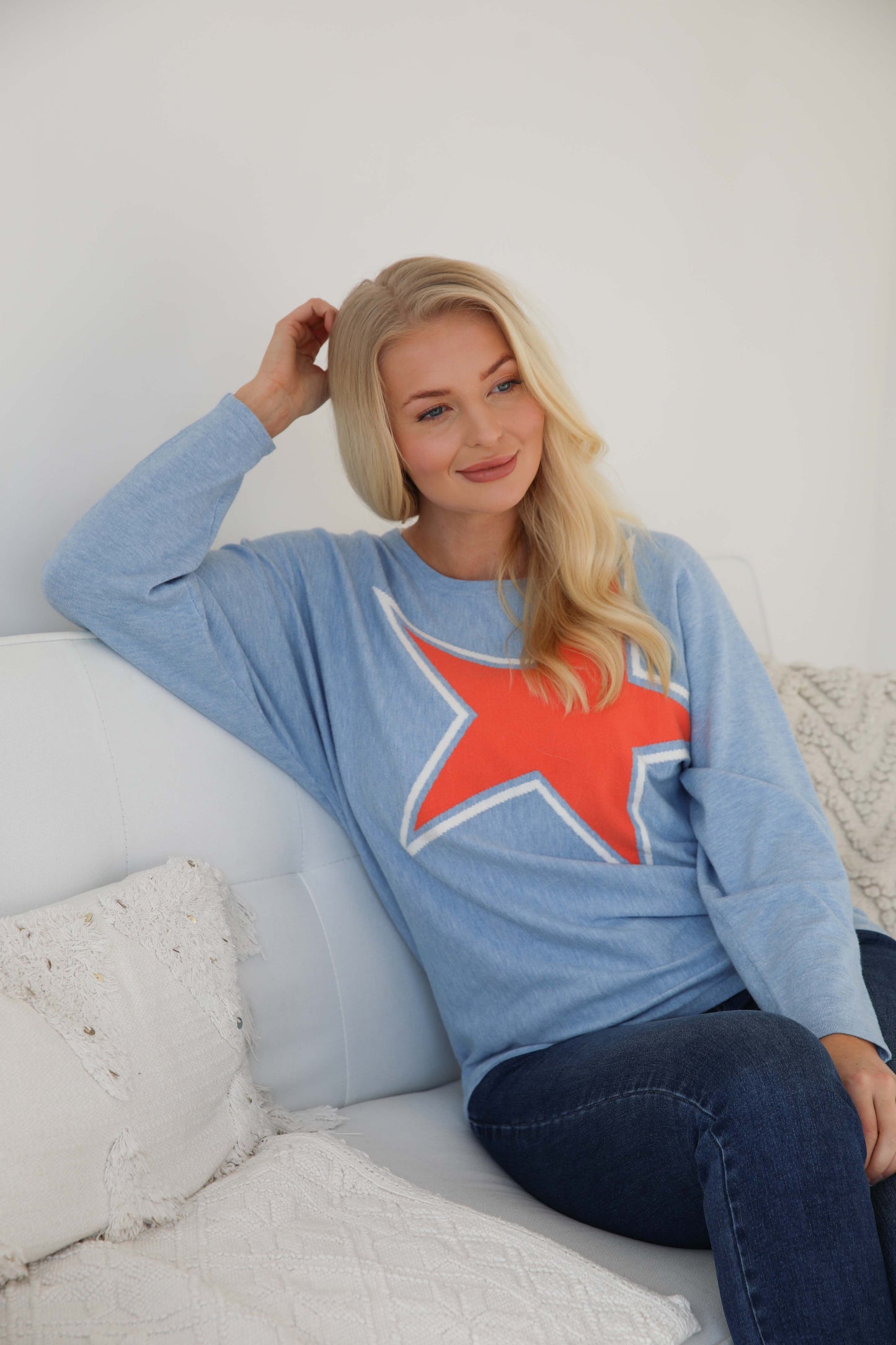 MudFlower Ladies Star Colour Block Batwing Jumper 722 - Cool Blue
