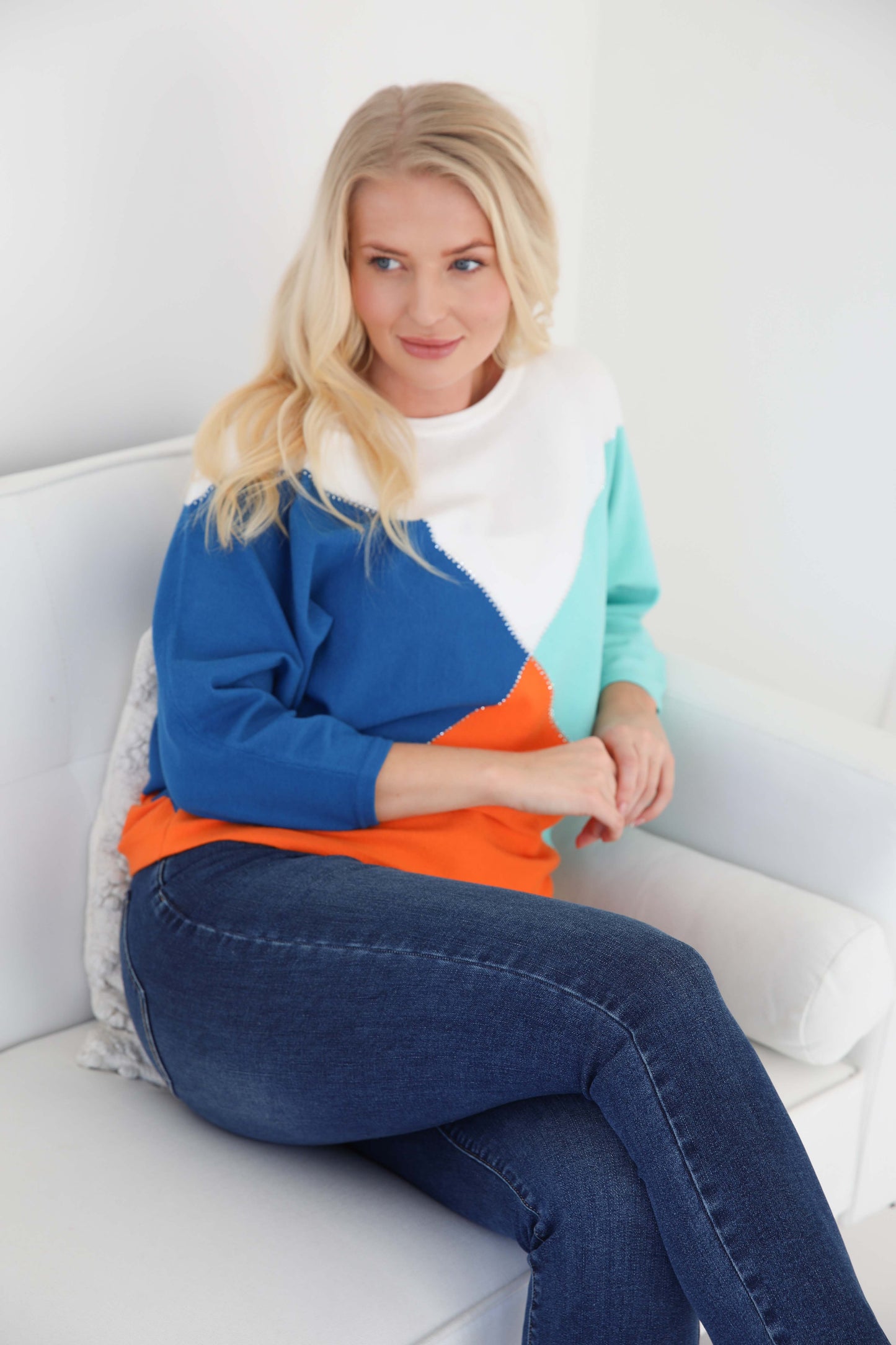 MudFlower Ladies Colour Block Batwing Jumper with Heatstone 723 - Spearmint Combo