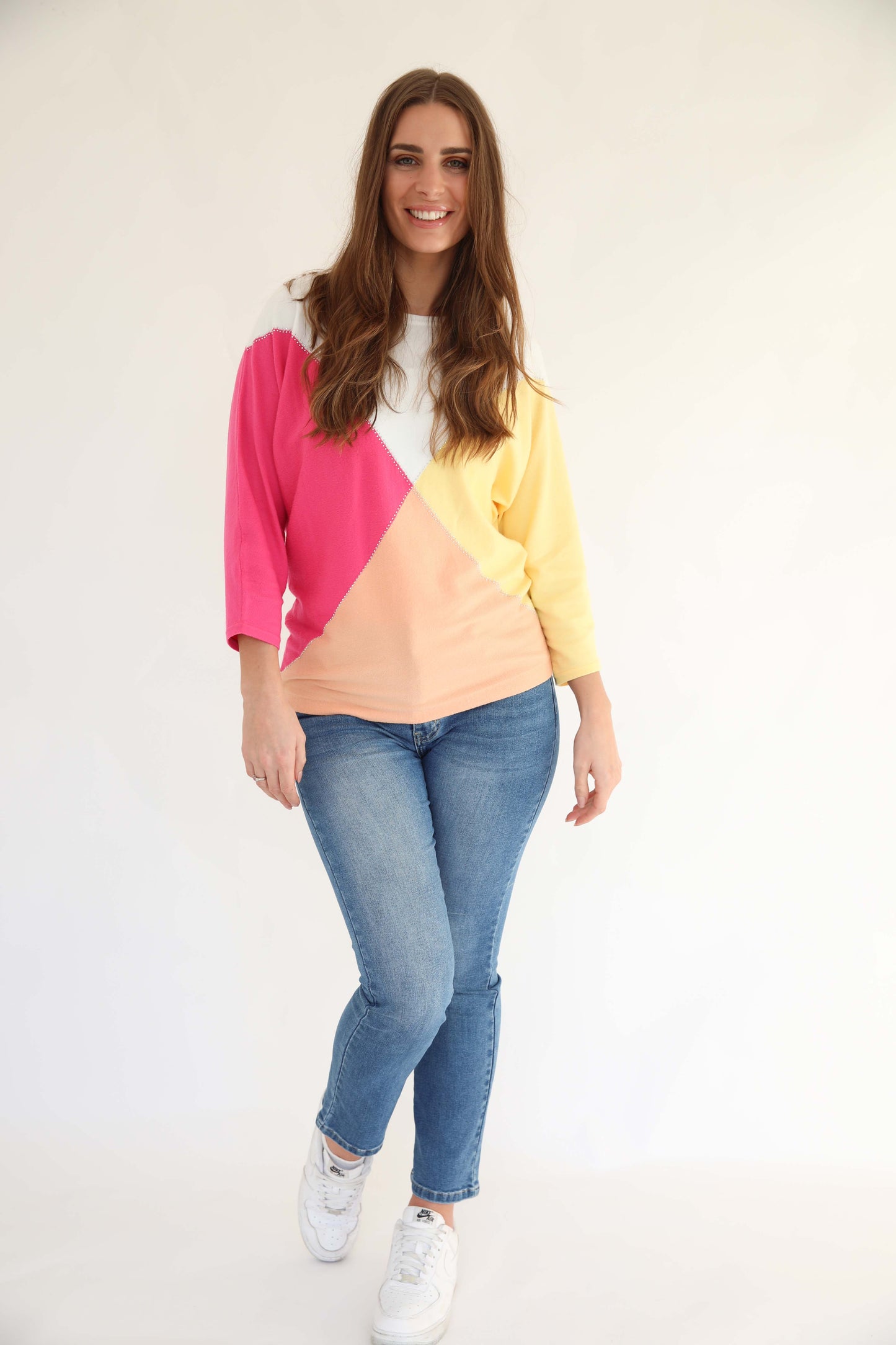 MudFlower Ladies Colour Block Batwing Jumper with Heatstone 723 - Pink / Orange Combo