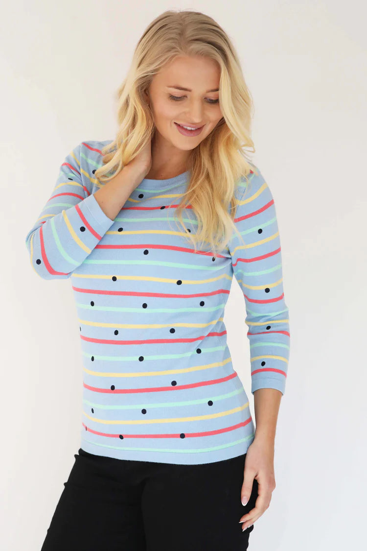MudFlower Ladies Polkadot Stripe Detail Jumper Cool Blue Combo