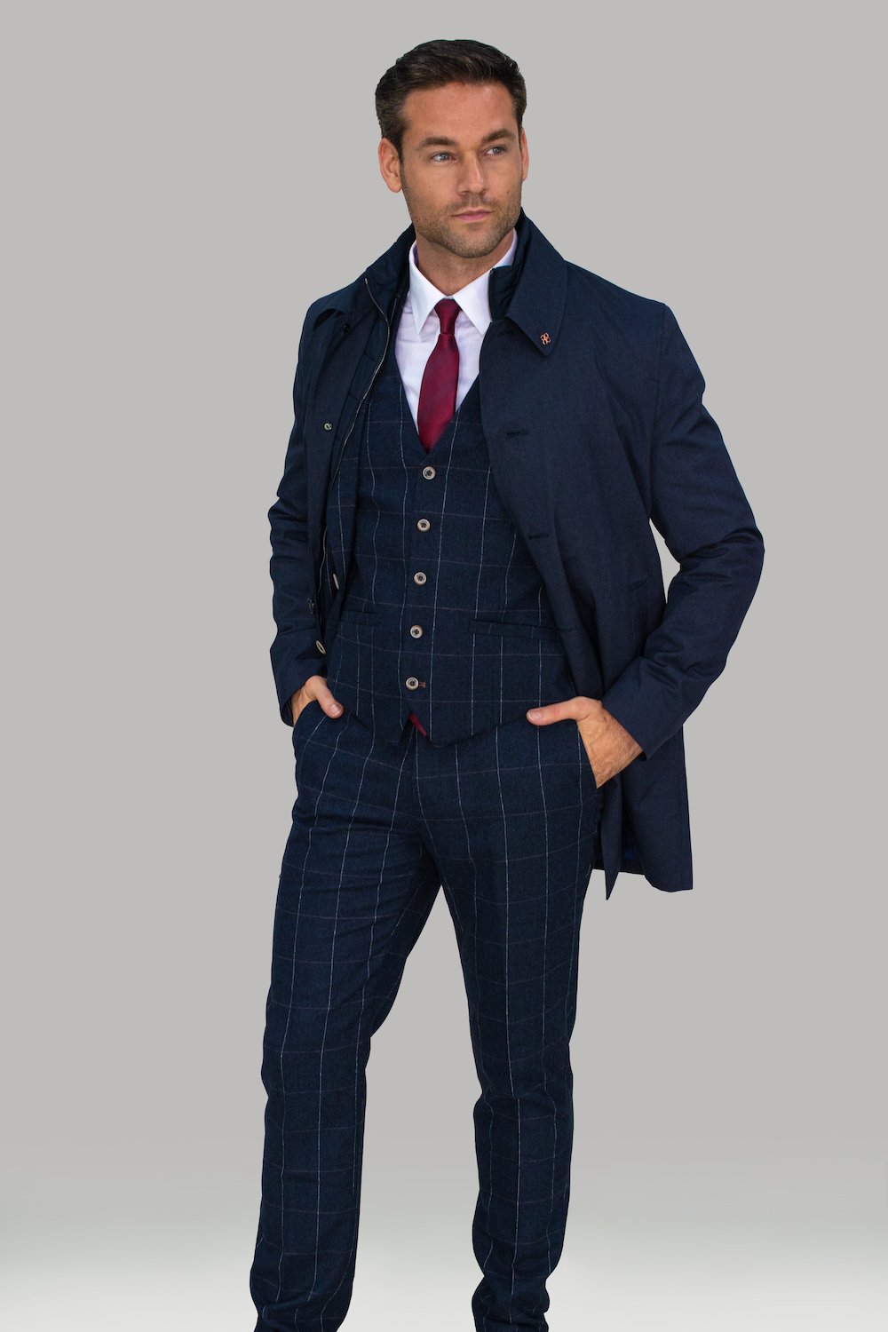 House of Cavani Brando Navy Blue Jacket OverCoat 3/4 Length with Soft Shell Inner Zip