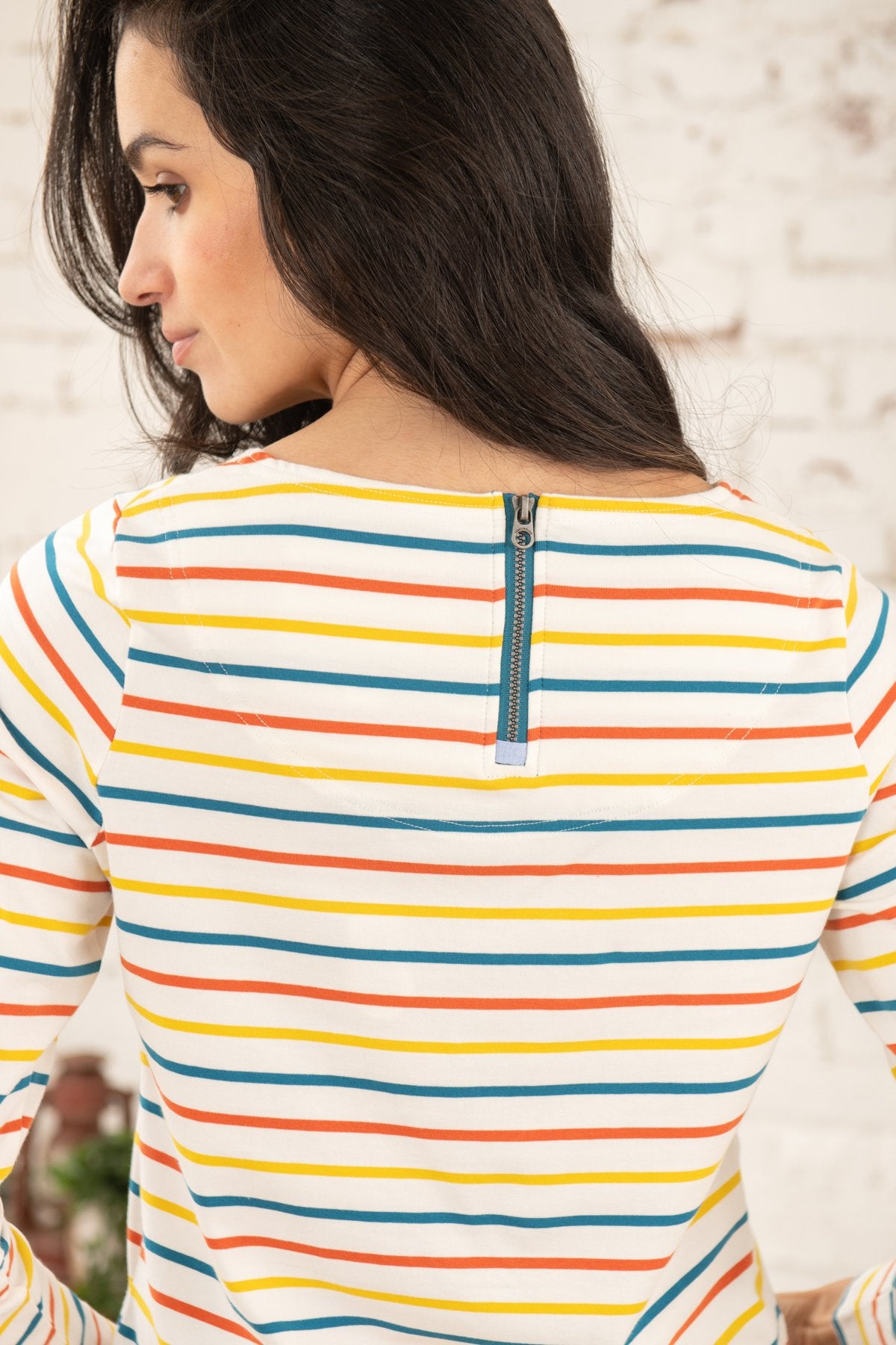 Lighthouse Causeway Breton Long Sleeve Top in Teal / Burnt Orange Stripe