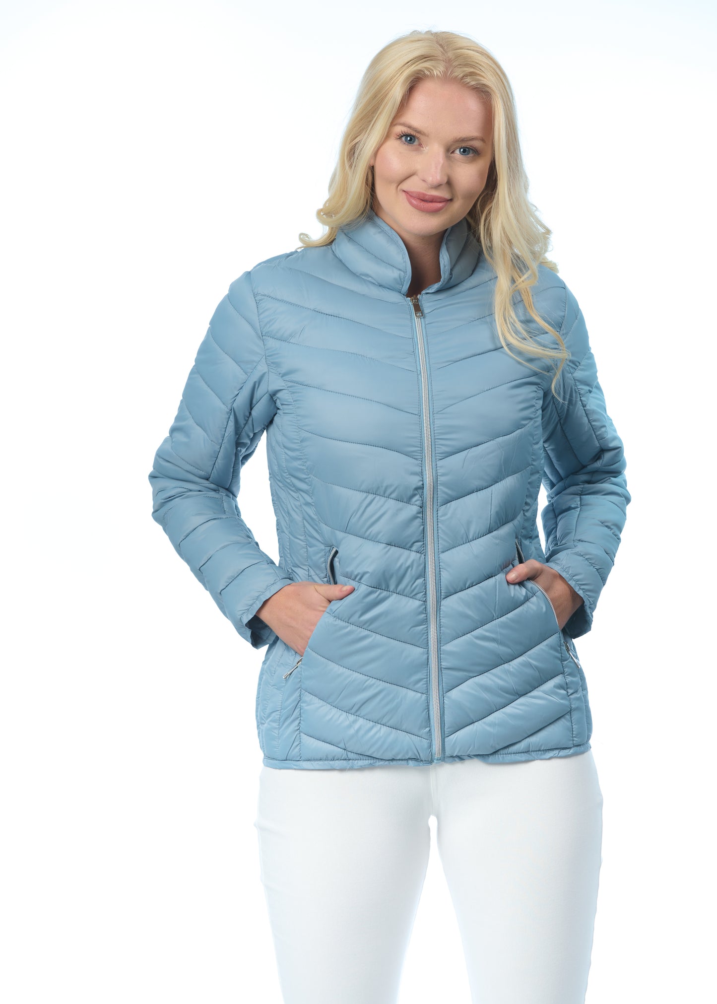 MudFlower Ladies Fake Down Light Weight Jacket in Powder Blue