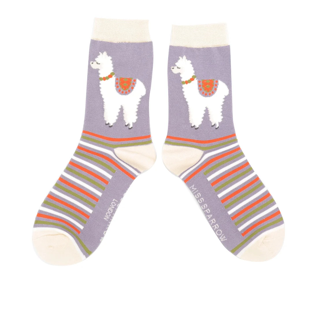 Miss Sparrow Llama Stripes Socks Lavender