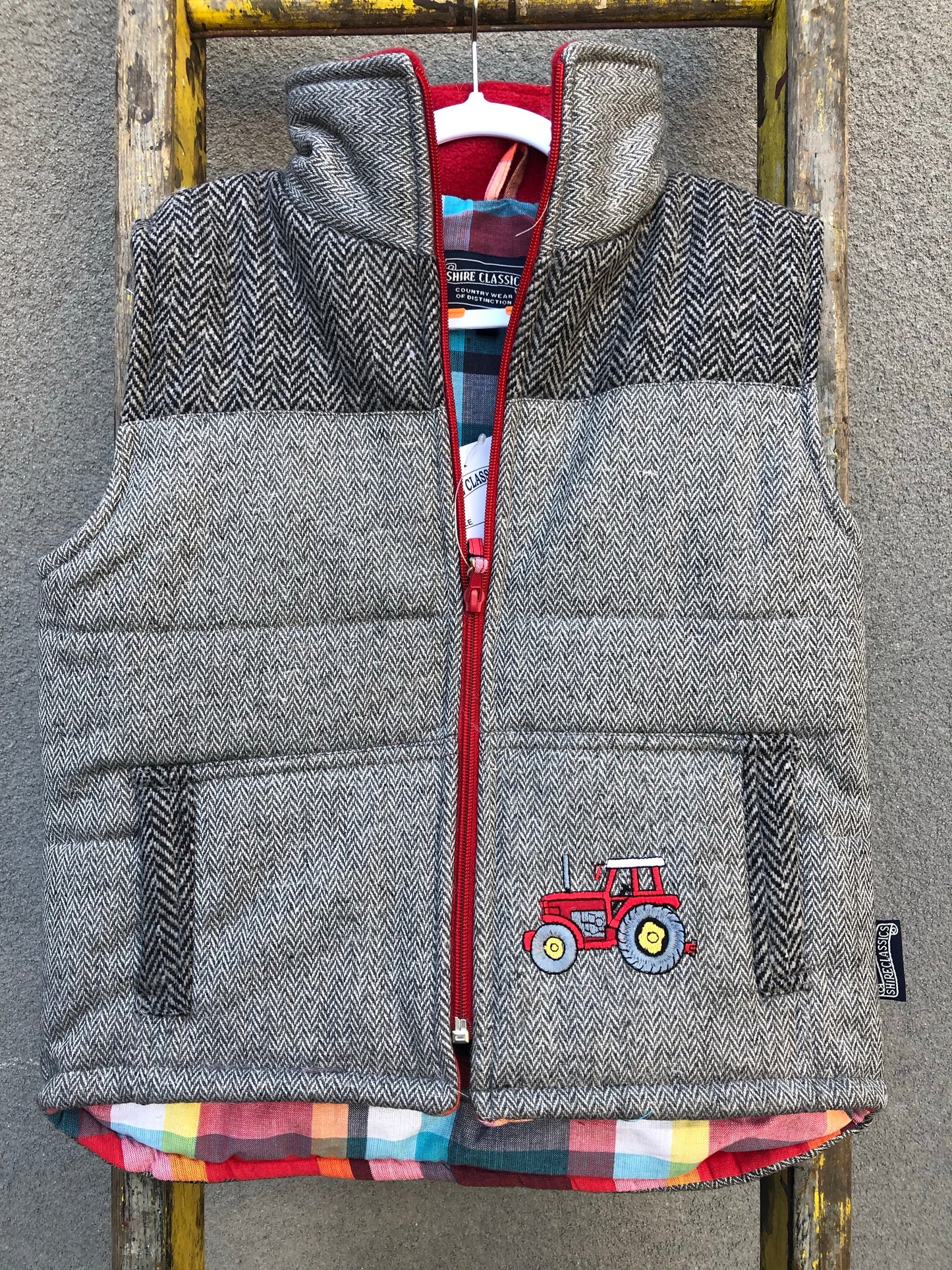 Boys Tractor Tweed Bodywarmer in Grey @ www.millscountrystore.com