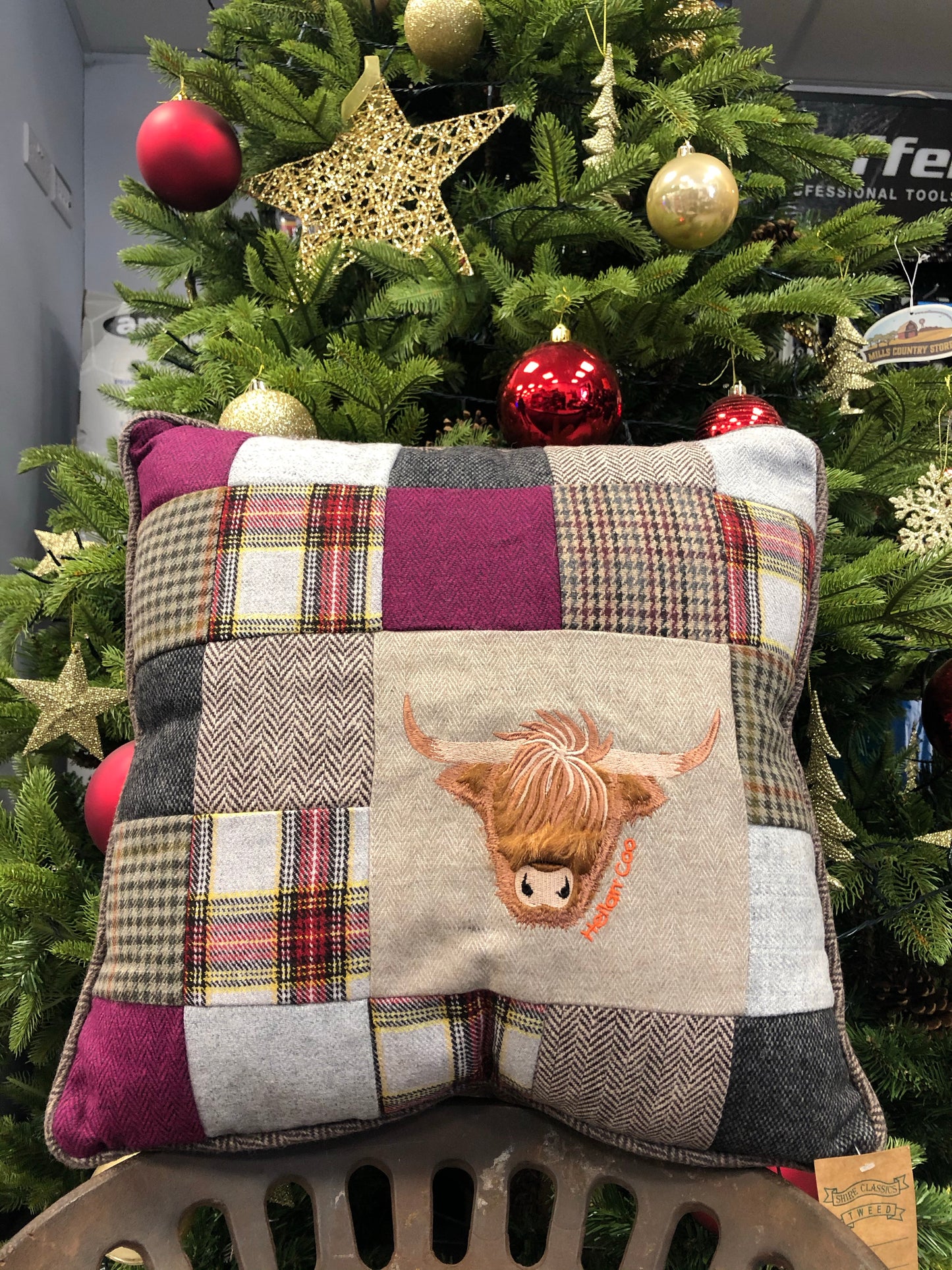 HIGHLAND COW PATCHWORK CUSHION @ www.millscountrystore.com