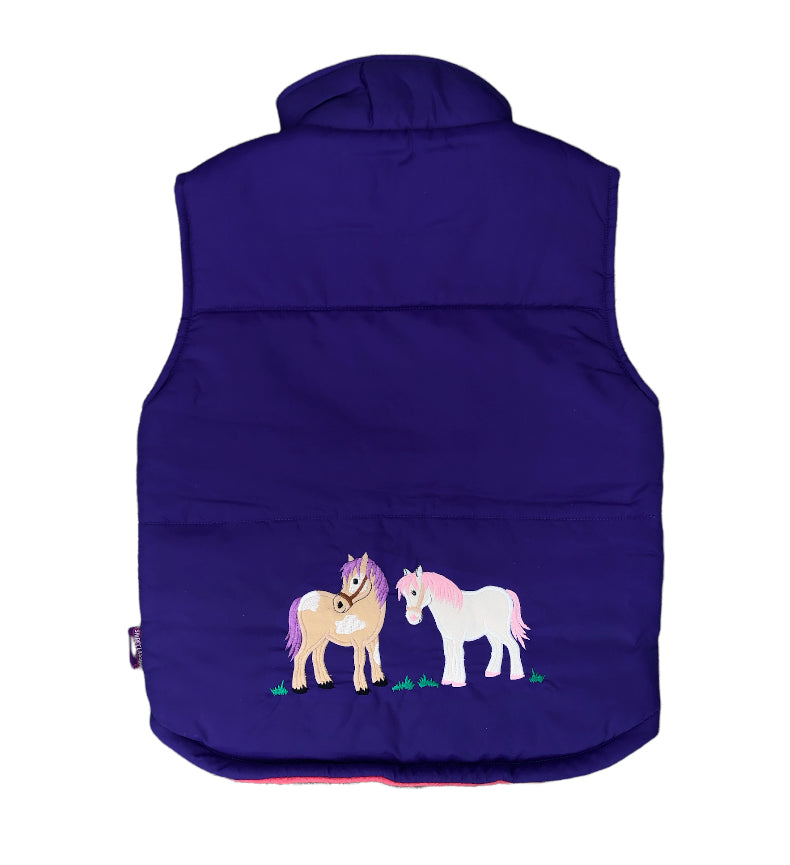 Girls' Purple/Blue Pony Bodywarmer with pink fleeced lining.