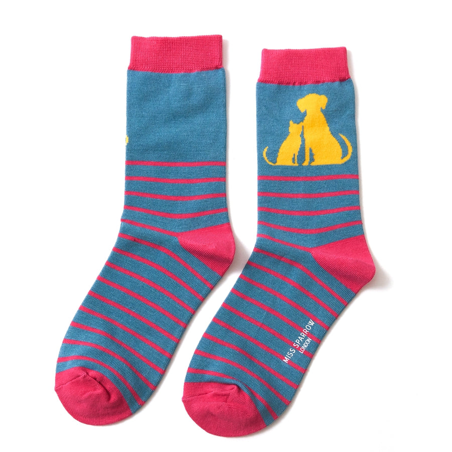 Miss Sparrow Cat & Dog Stripe Socks Teal