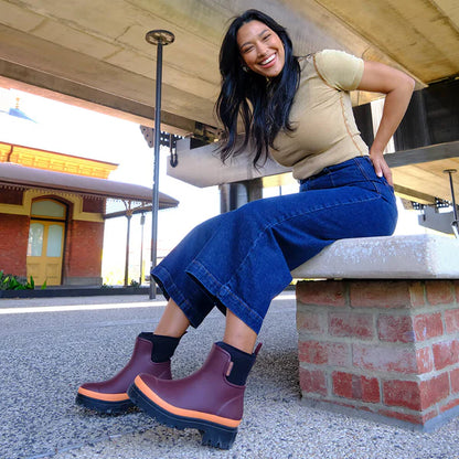 Merry People Tully Ankle Wellington Boot - Plum & Neon Orange