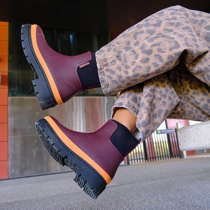 Merry People Tully Ankle Wellington Boot - Plum & Neon Orange