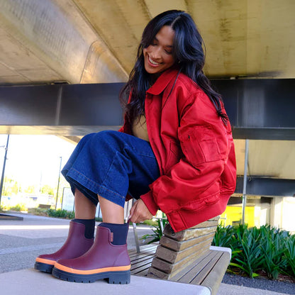 Merry People Tully Ankle Wellington Boot - Plum & Neon Orange