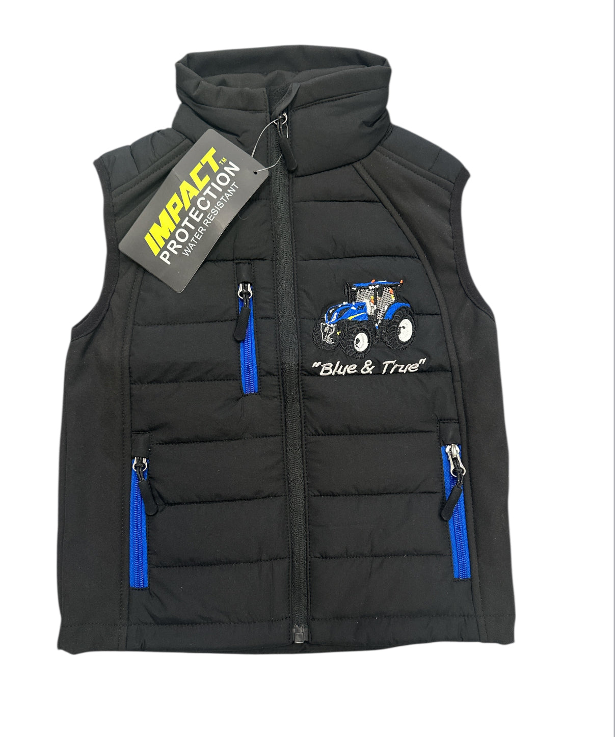 Kids Impact Black Quilted Bodywarmer Blue Tractor with Colour Coded Pocket Zips