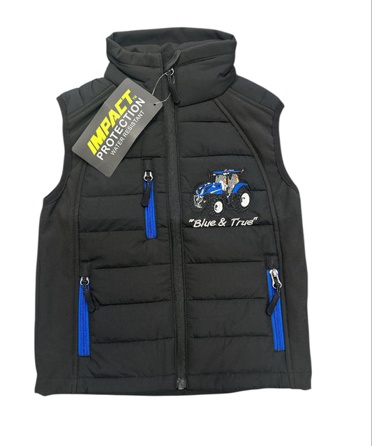 Kids Impact Black Quilted Bodywarmer Blue Tractor with Colour Coded Pocket Zips