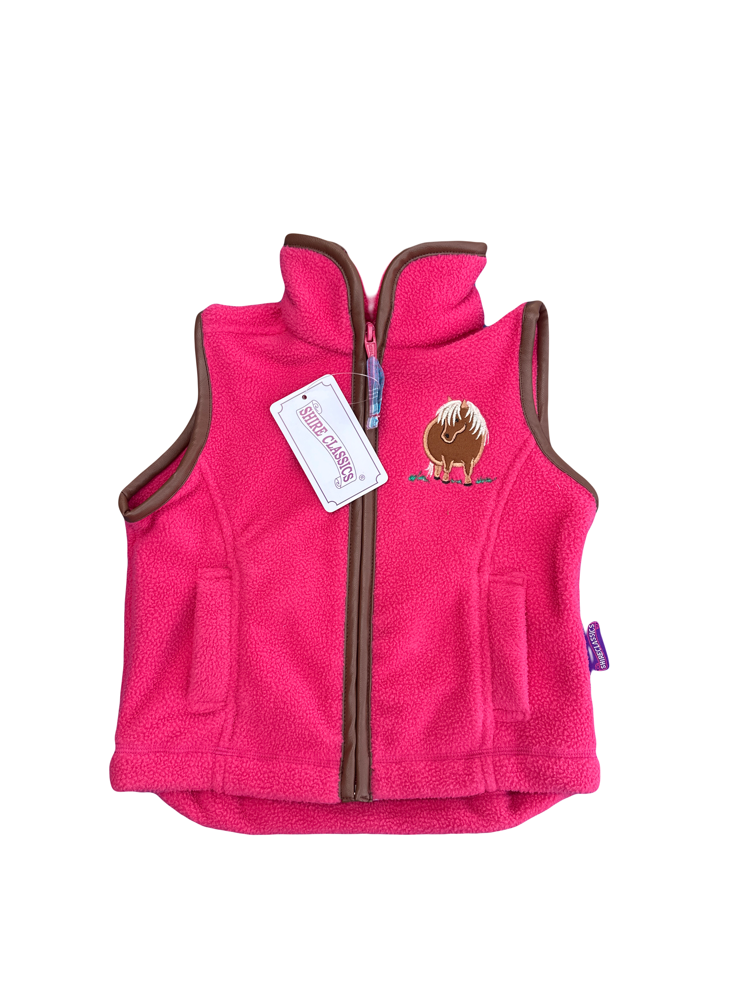 Girls' Pony Fleece Gilet in Pink with Brown Trim