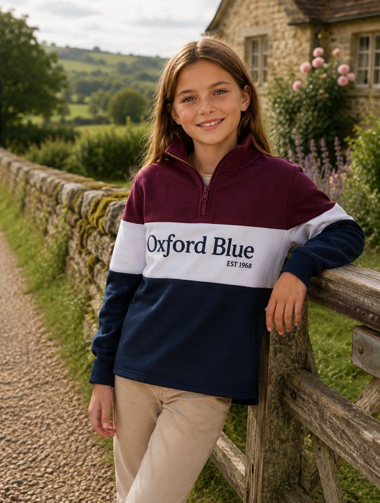 Oxford Blue Kids 1/4 Zip 3 Stripe Sweatshirt in Plum / White / Navy