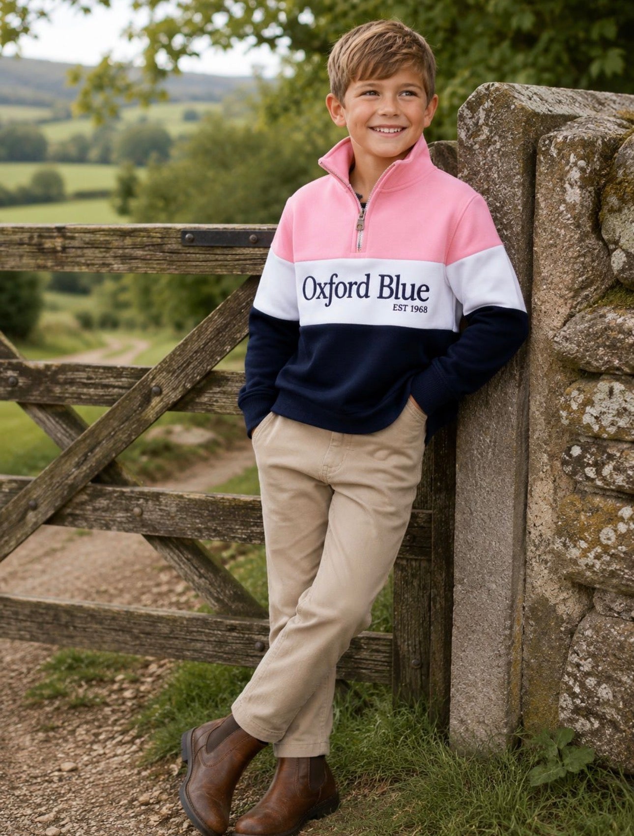 Oxford Blue Kids 1/4 Zip 3 Stripe Sweatshirt in Pink / White / Navy