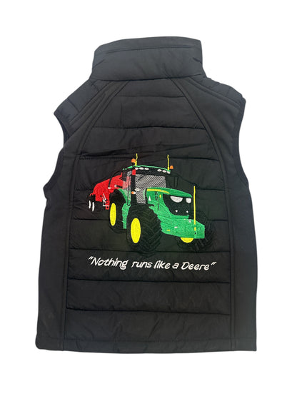 Kids Impact Black Quilted Bodywarmer Green Tractor with Colour Coded Pocket Zips