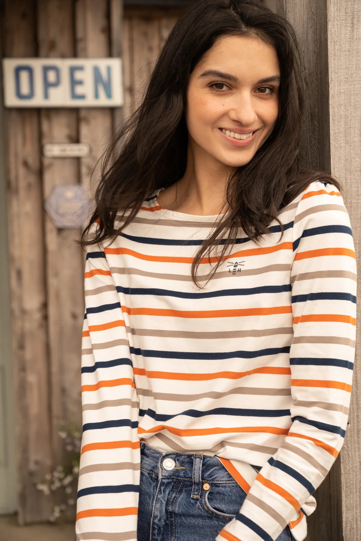 Ladies Causeway Top - Mocha Burnt Orange Stripe