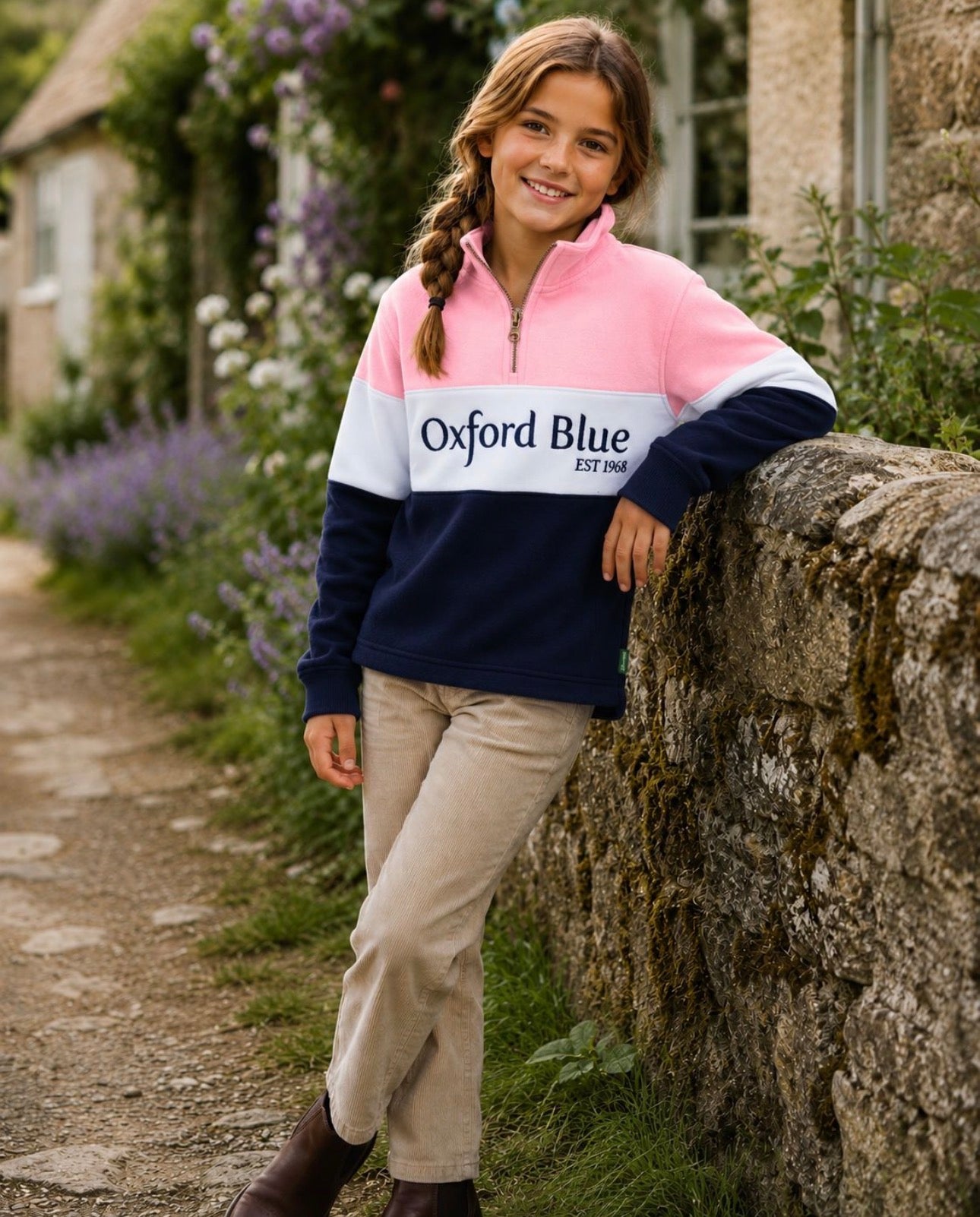 Oxford Blue Kids 1/4 Zip 3 Stripe Sweatshirt in Pink / White / Navy