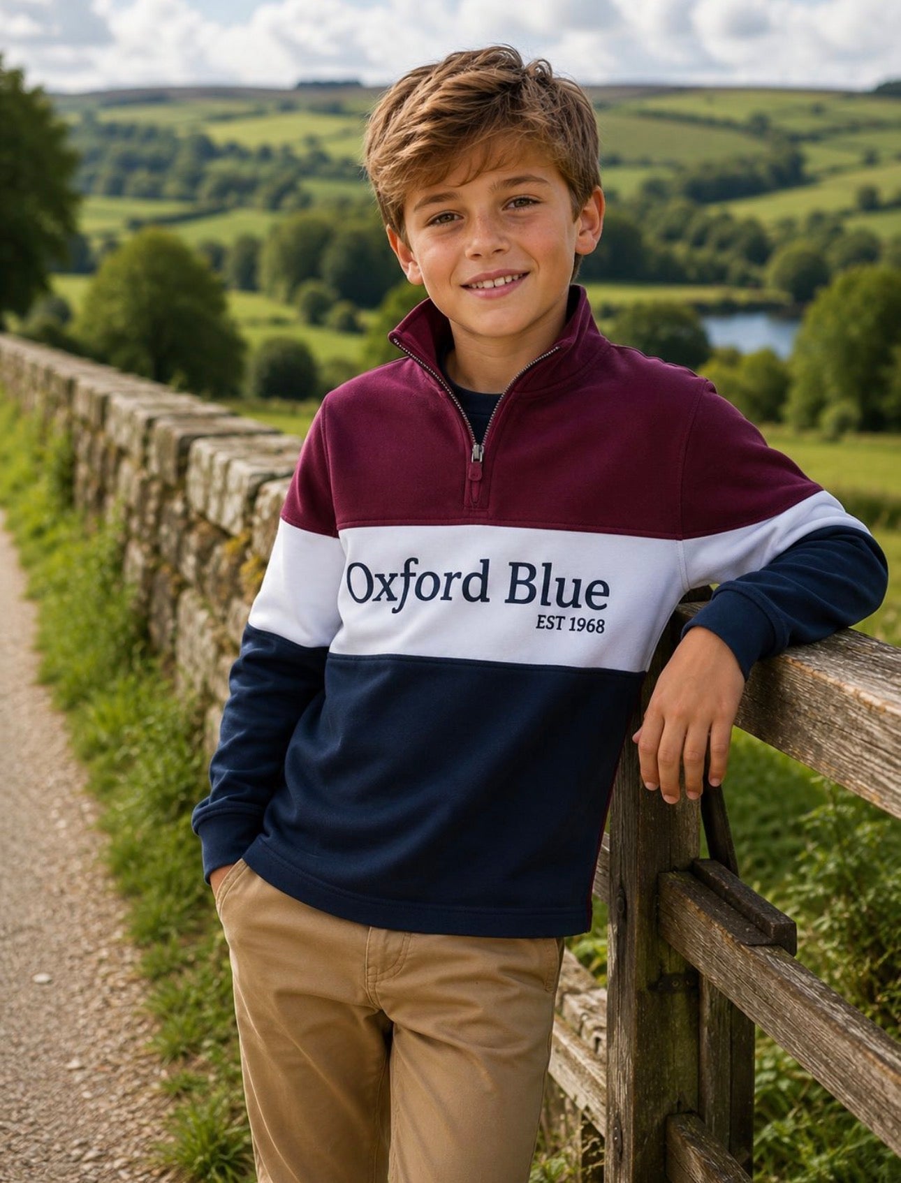Oxford Blue Kids 1/4 Zip 3 Stripe Sweatshirt in Plum / White / Navy