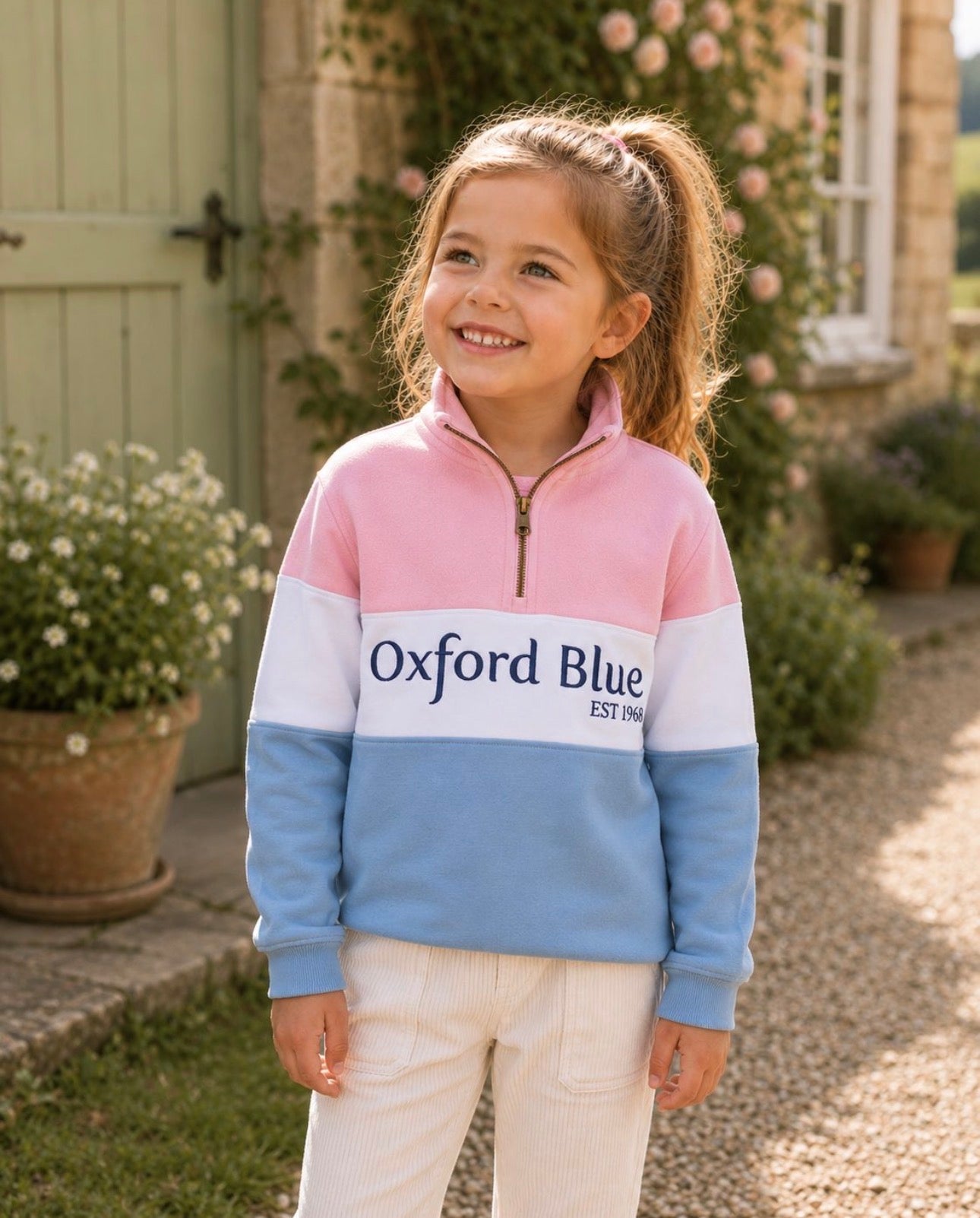 Oxford Blue Kids 1/4 Zip 3 Stripe Sweatshirt in Pink / White / Sky Blue