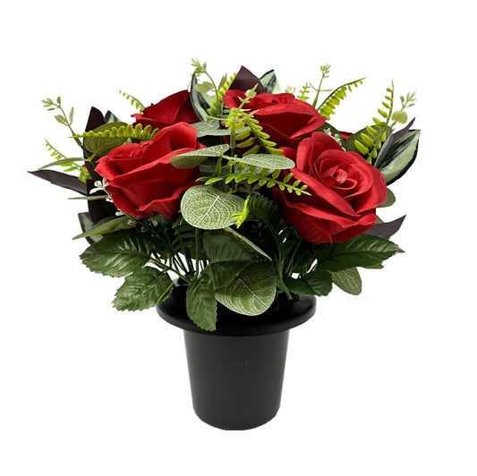 Red Open Rose Eucalyptus Foliage Grave Pot 25cm - FB1423YU
