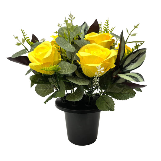 Yellow Open Rose Eucalyptus Foliage Grave Pot 25cm - FB1424YU