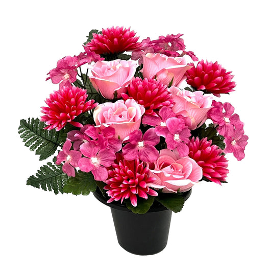 Pink Frontal Rose Hydrangea Grave Pot 25cm - FB1859SY