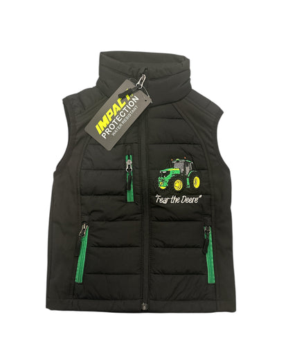 Kids Impact Black Quilted Bodywarmer Green Tractor with Colour Coded Pocket Zips