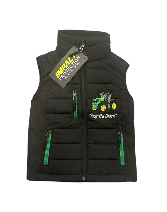Kids Impact Black Quilted Bodywarmer Green Tractor with Colour Coded Pocket Zips