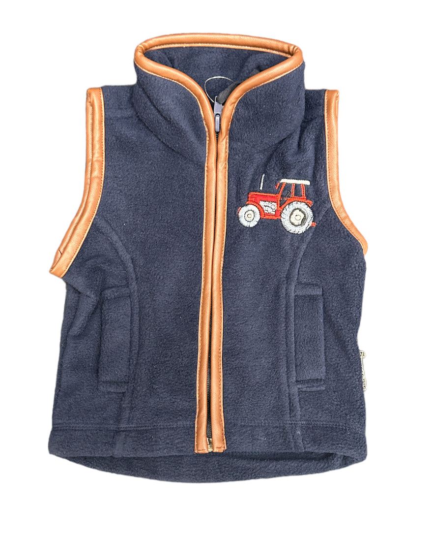 Shire Tractor Fleece Gilet in Navy with Brown Trim